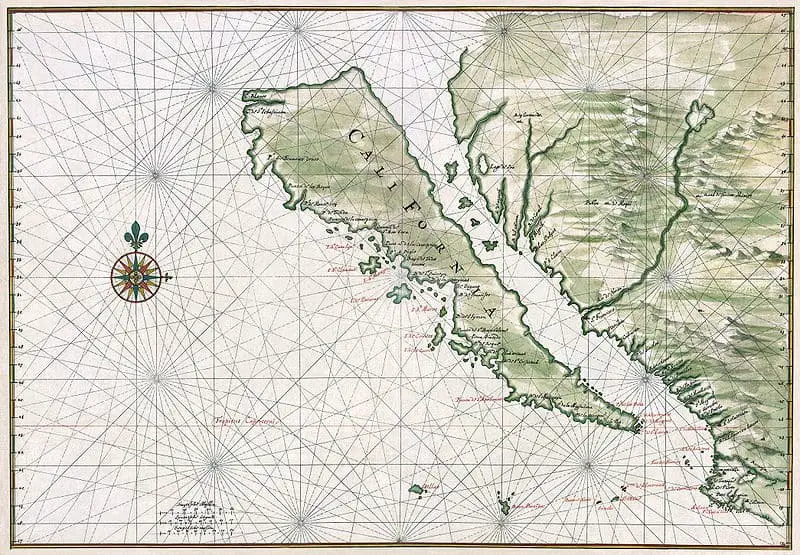 خريطة كاليفورنيا، بقلم (يوهانس فينجبونز)، تصور شبه جزيرة باخا على أنها جزيرة على الرغم من الأدلة المتناقضة المعروفة في ذلك الوقت (1650).