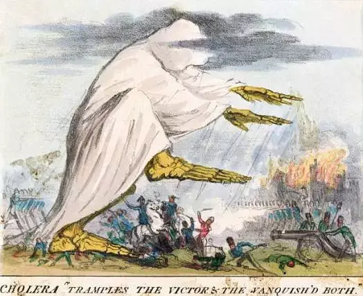 تمثيل لوباء الكوليرا من القرن التاسع عشر، حيث تم تصويره على أنه ينتشر على شكل هواء سام، للرسام (روبرت سيمور) عام 1831.