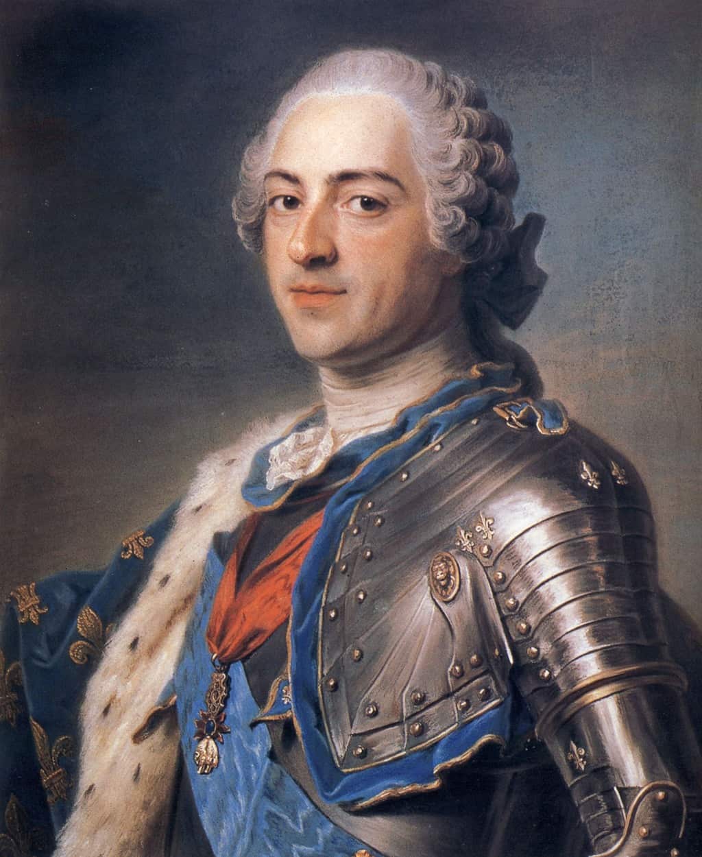 صورة لويس الخامس عشر ملك فرنسا، بريشة موريس كوينتين دي لا تور (حوالي 1748). ويكيميديا كومونز