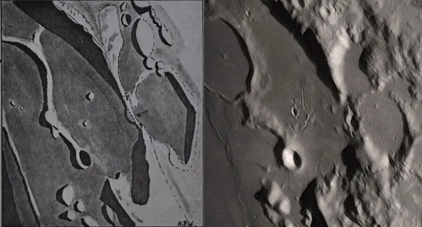 على اليسار رسمة من أداء (ويلكينز) عن الجسر الطبيعي على سطح القمر، وعلى اليمين تصوير لوكالة ناسا بعد 60 عاماً لنفس المنطقة.