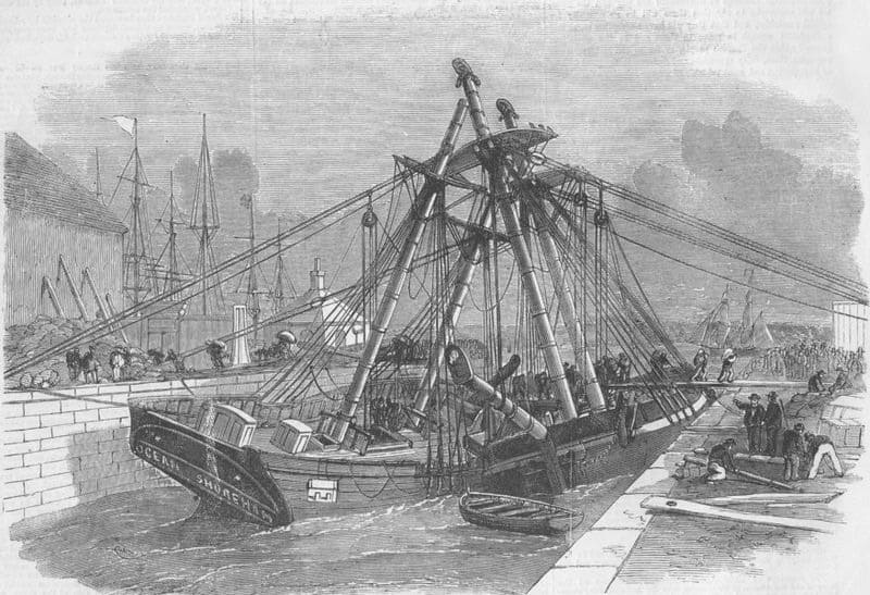 رسم توضيحي لحادث وقع في ميناء الهند الشرقية في لندن عام 1858. ويكيميديا