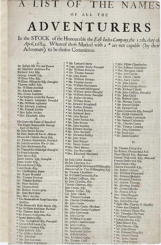 بحلول عام 1684، اجتذبت ثروات جزر الهند قائمة طويلة من المستثمرين، الذين عرفوا باسم المغامرين. ويكيميديا