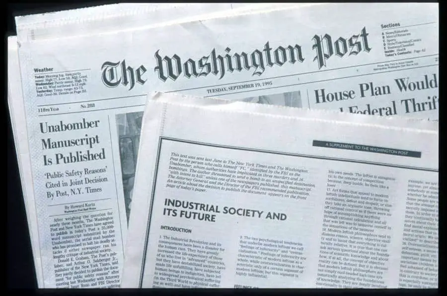 طبعت صحيفة واشنطن بوست بيان المفجر في 19 سبتمبر 1995 بناء على طلب من المدعي العام (جانيت رينو) ومكتب التحقيقات الفيدرالي.