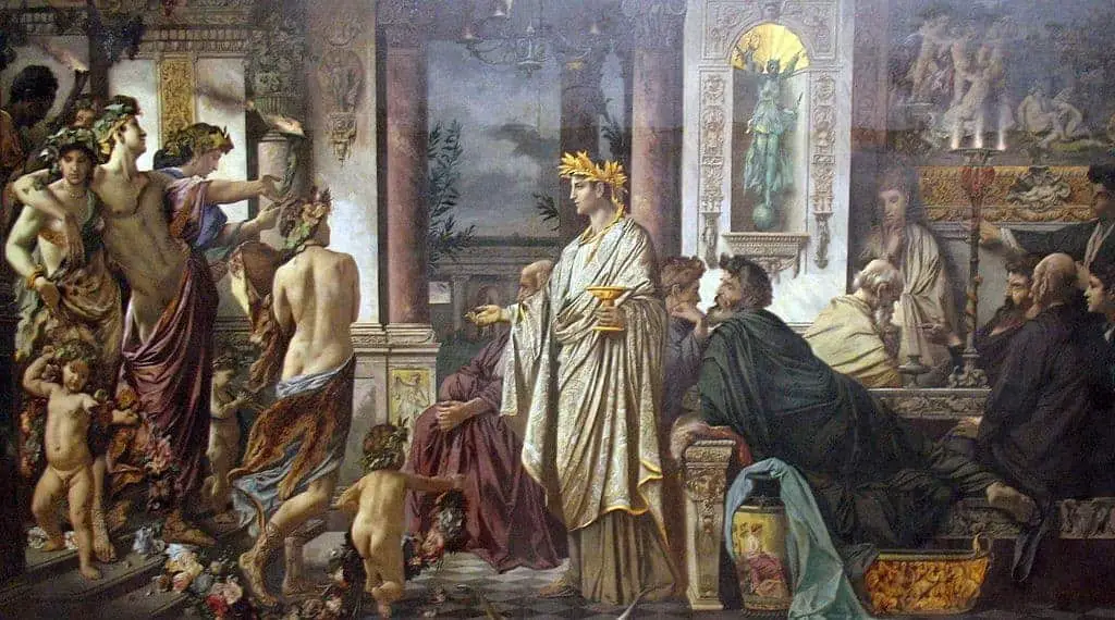 ندوات (أفلاطون) بريشة (آنسلم فورباخ)، تظهر اللوحة كيف كان أفلاطون يرحب بضيوفه بمن فيهم سقراط الجالس على أحد المقاعد.
