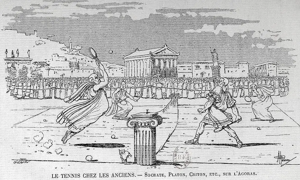 رسم كرتوني فرنسي يتهكم بالفلاسفة اليونان ويظهرهم وكأنهم في مباراة تنس.