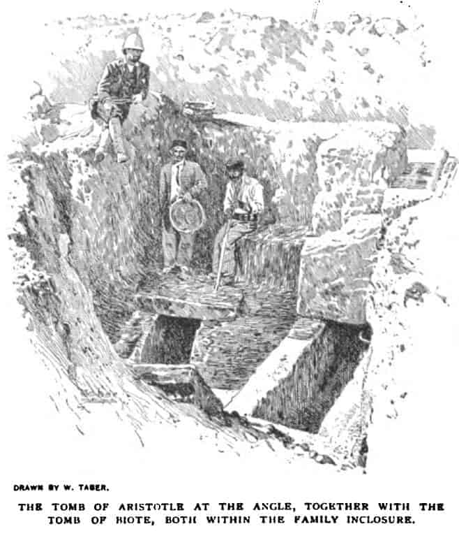 رسم لفريق من علماء الآثار وهم يستخرجون قبر أرسطو، الرسم من مجلة بريطانية.
