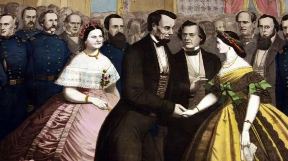 لينكولن يلقي التحية للناس مع ماري تود لينكولن
