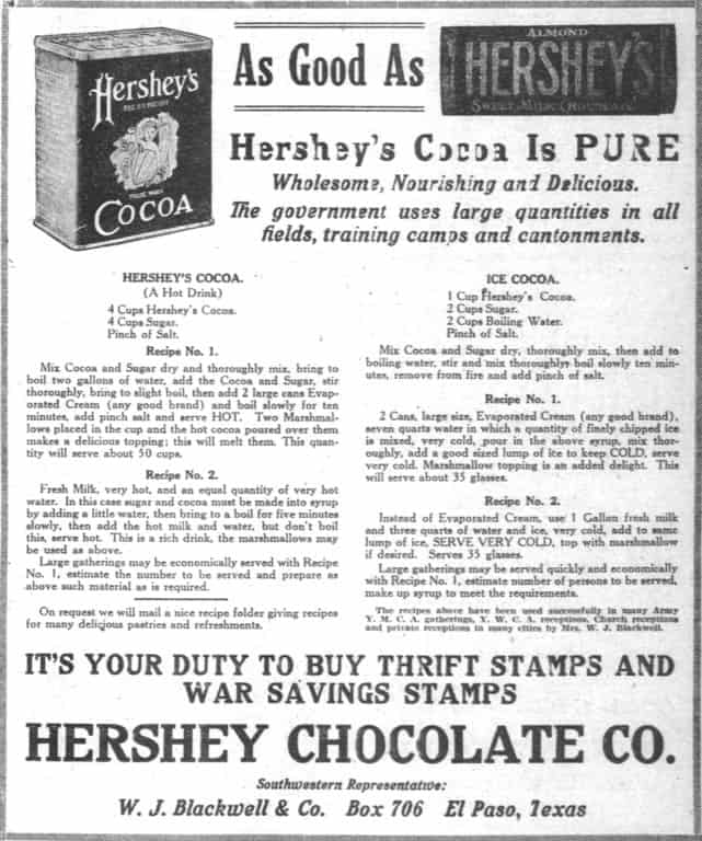 لم يخترع هيرشي ألواح الشوكولاتة كما يظهر في هذا الإعلان الذي نُشر خلال الحرب العالمية الأولى.