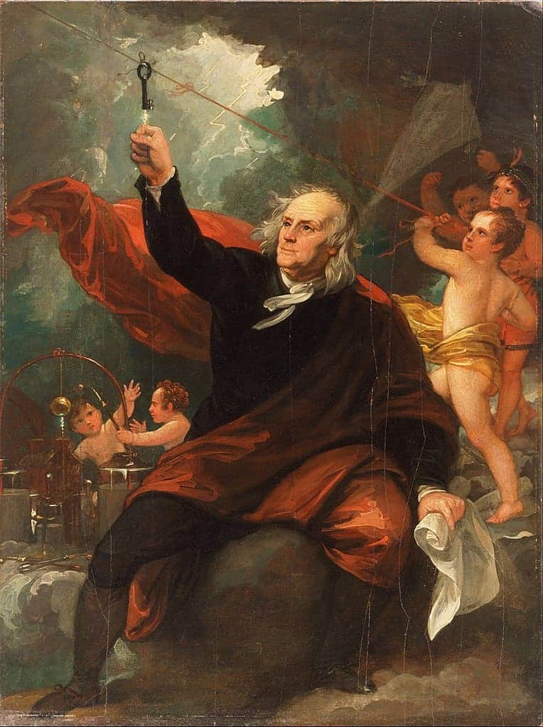 لوحة لبنجامين فرانكلين وهو يسحب الكهرباء من السماء للرسام الإنجليزي-الأمريكي بنجامين ويست.