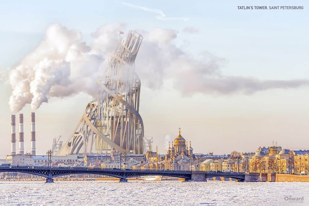 تخيل معاصر لِما كان سيبدو عليه برج تاتلين وكيف كان سيغير مظهر أفق سان بطرسبرع في حال بُنِي (حقوق الصورة: Onstrid Financial).