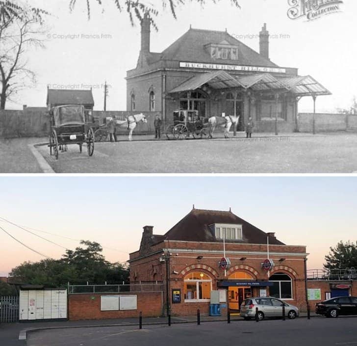 21. محطة مترو أنفاق لندن Buckhurst Hill في عام 1875 مقابل صورة ملتقطة للمحطة في عام 2020