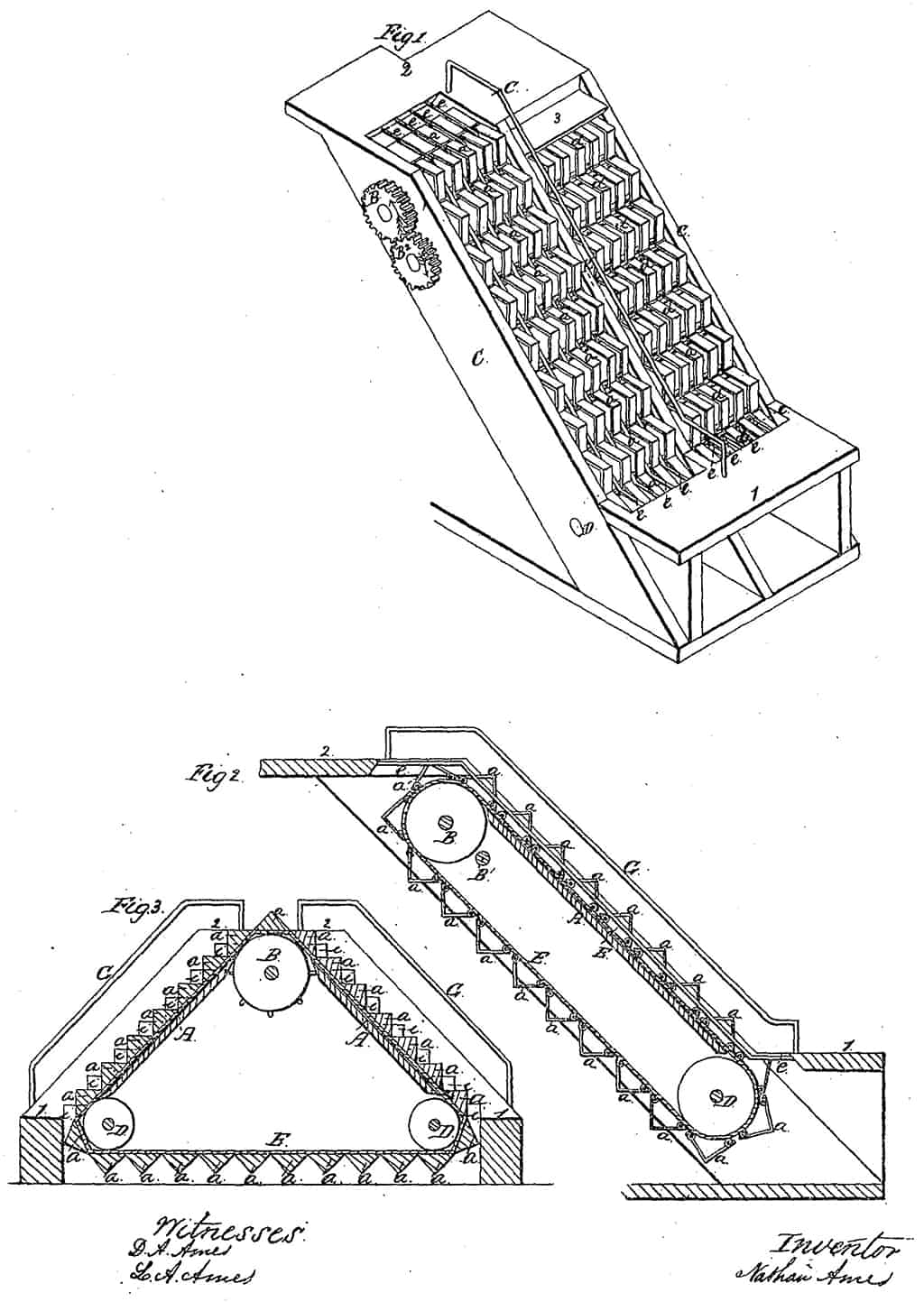 صورة عن تصميم السلالم المتحركة التي أطلق عليها اسم ”السلالم الدوارة“، التي صممها (نايثان آيمز) في التاسع من أغسطس سنة 1859.